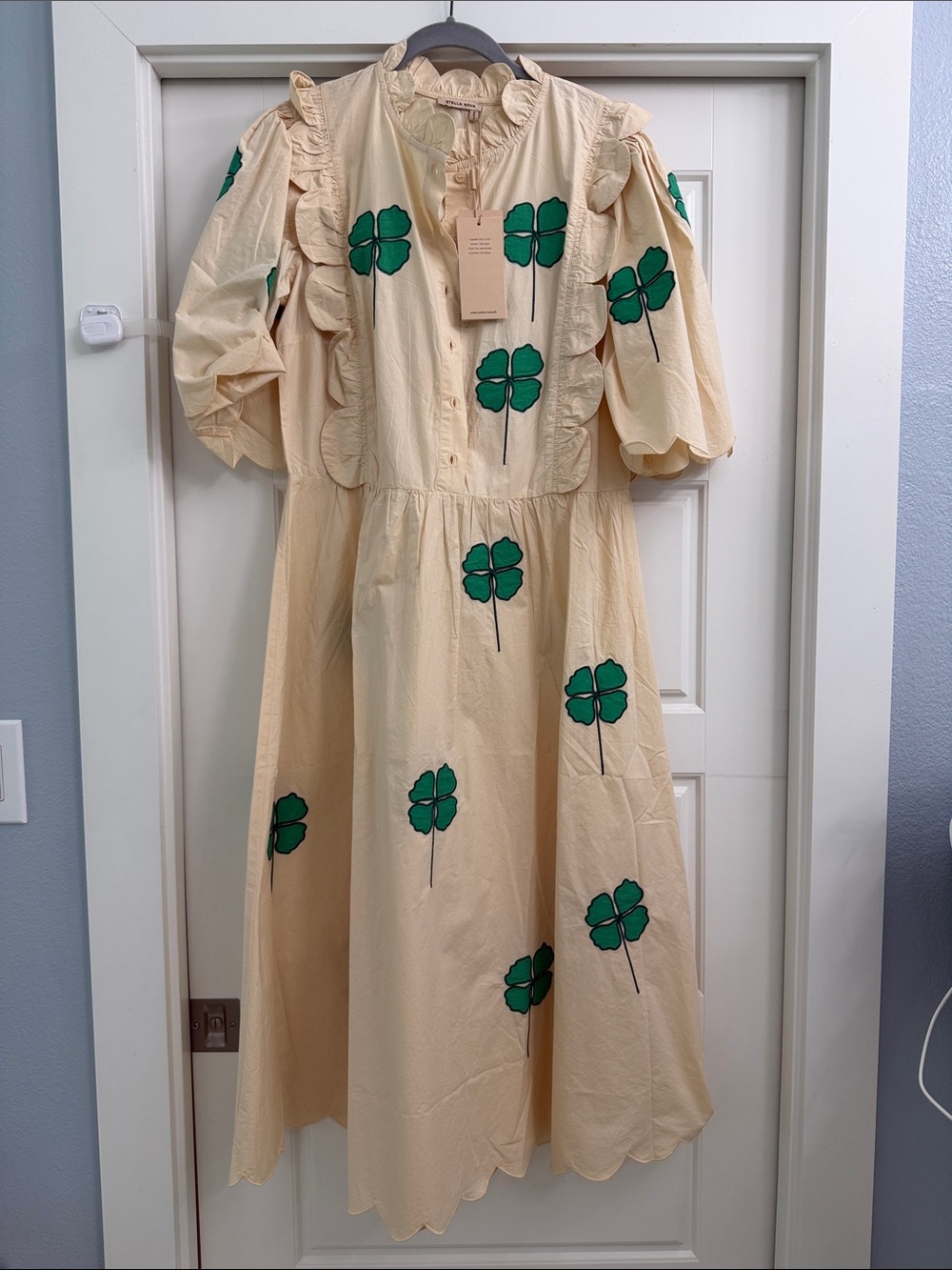 NWT Stella Nova Cream Maxi Dress with Embroidered Green Clovers